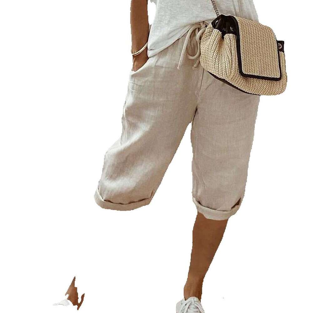 2024 Cotton and Hemp Pocket Elastic Casual Womens Pants 5/4 Nine Points Plaid Trousers Hip-hop Style Jeans for Pregnant Women Half Pants for Men