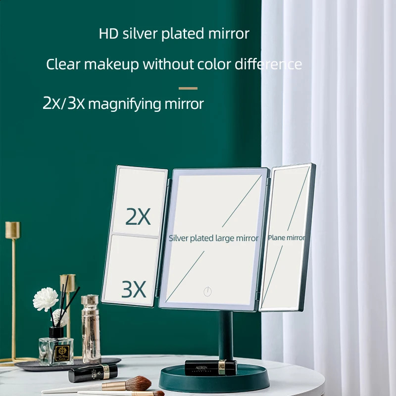 Folding LED makeup mirror with touch screen 3color light 2X3X magnifying 360 ° rotating rechargeable dimming 240729