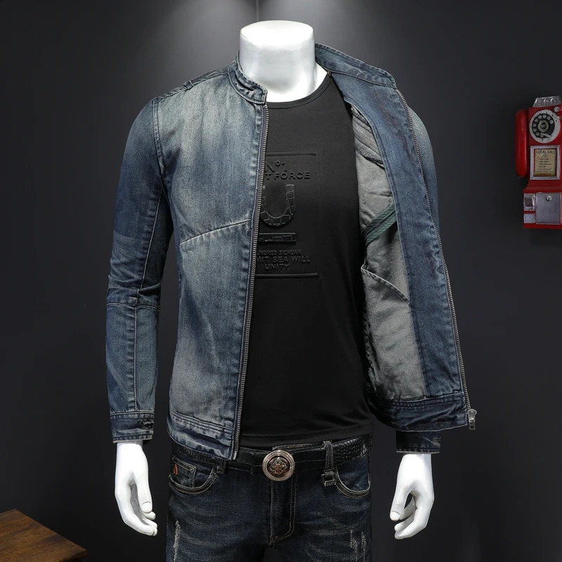 Spring mens retro denim jacket fashion ultrathin set motorcycle jeans solid color cotton 240824