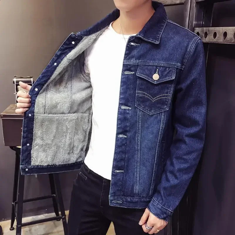 Mens Jean Coats with Sheep Mat Denim Jacket Wide Sleeve Black Wool Warm Winter Coat 240824