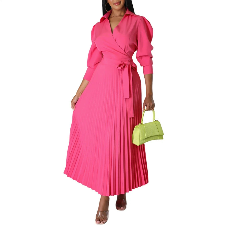 Summer Pleated Maxi Dress Women Casual Solid Turn Down Collar Half Sleeve Ruched Party Club Work Business Wedding Dress Women 240805