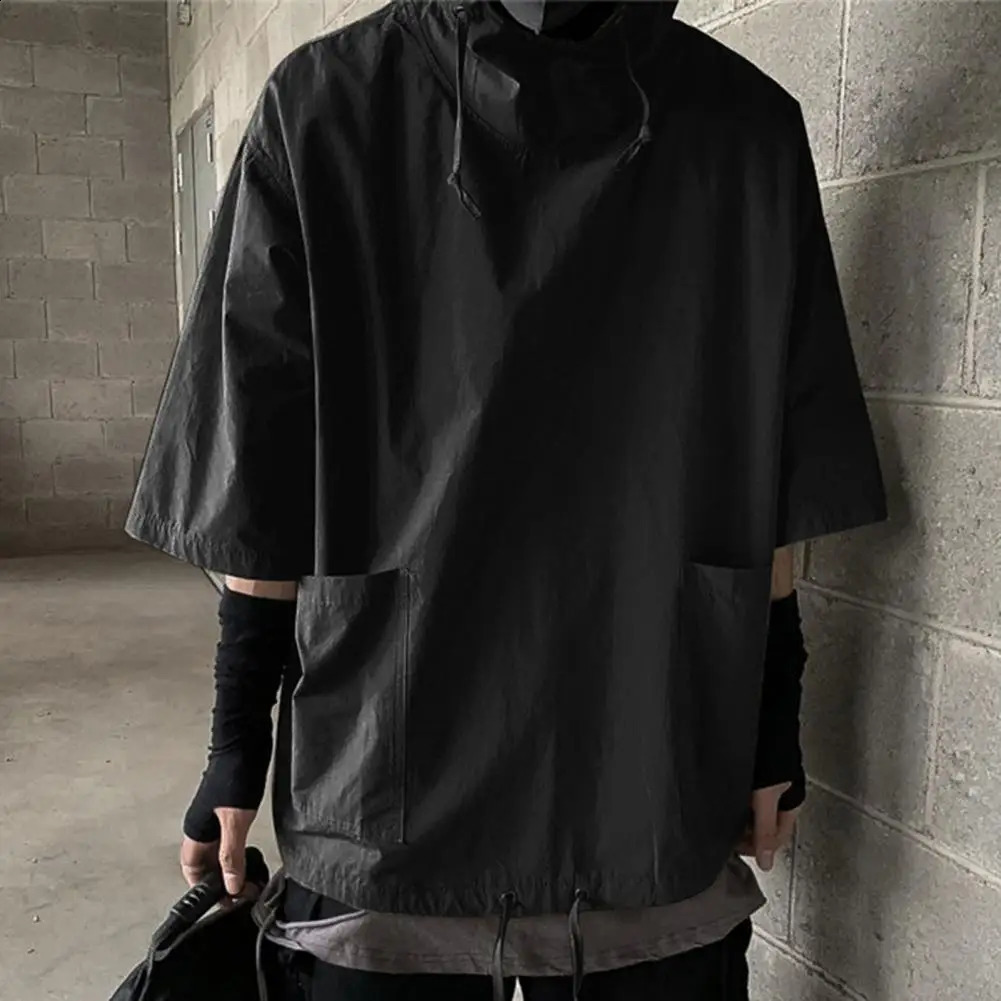 Drop Mens Pullover Hooded Half Sleeve Top Soft Big Pocket Loose T-shirt for Everyday 240805