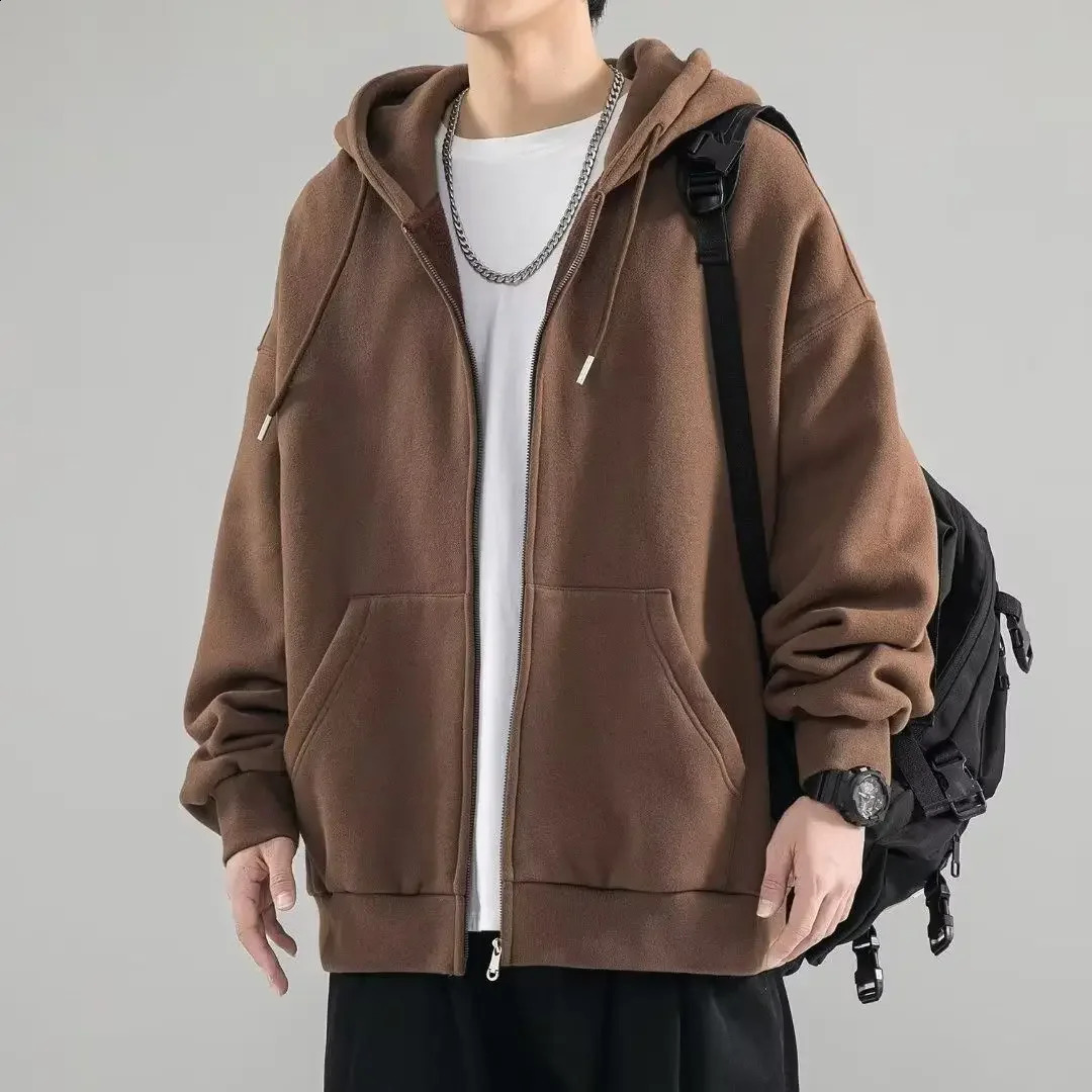 Male Clothes Black Solid Sweatshirt For Men Full Zip Up Hooded Hoodies Winter Young On Sale Offers High Quality Korean Style S 240816