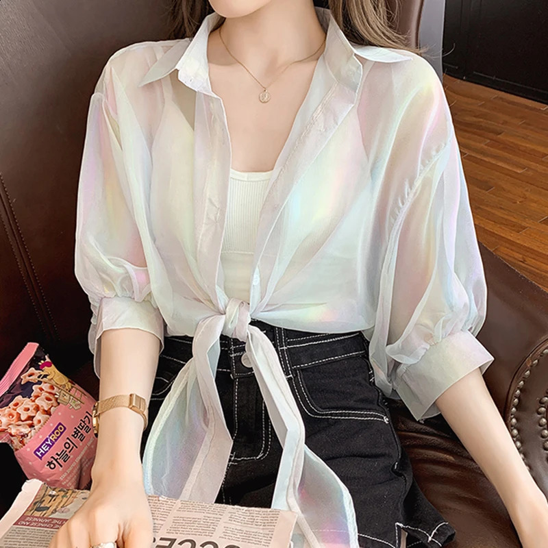 HELIAR Buttoned Up Shirts Women Half Sleeve Shining Sparkles Tied Waist Sexy Chiffon Blouses Shirts For Women Summer Autumn 240805
