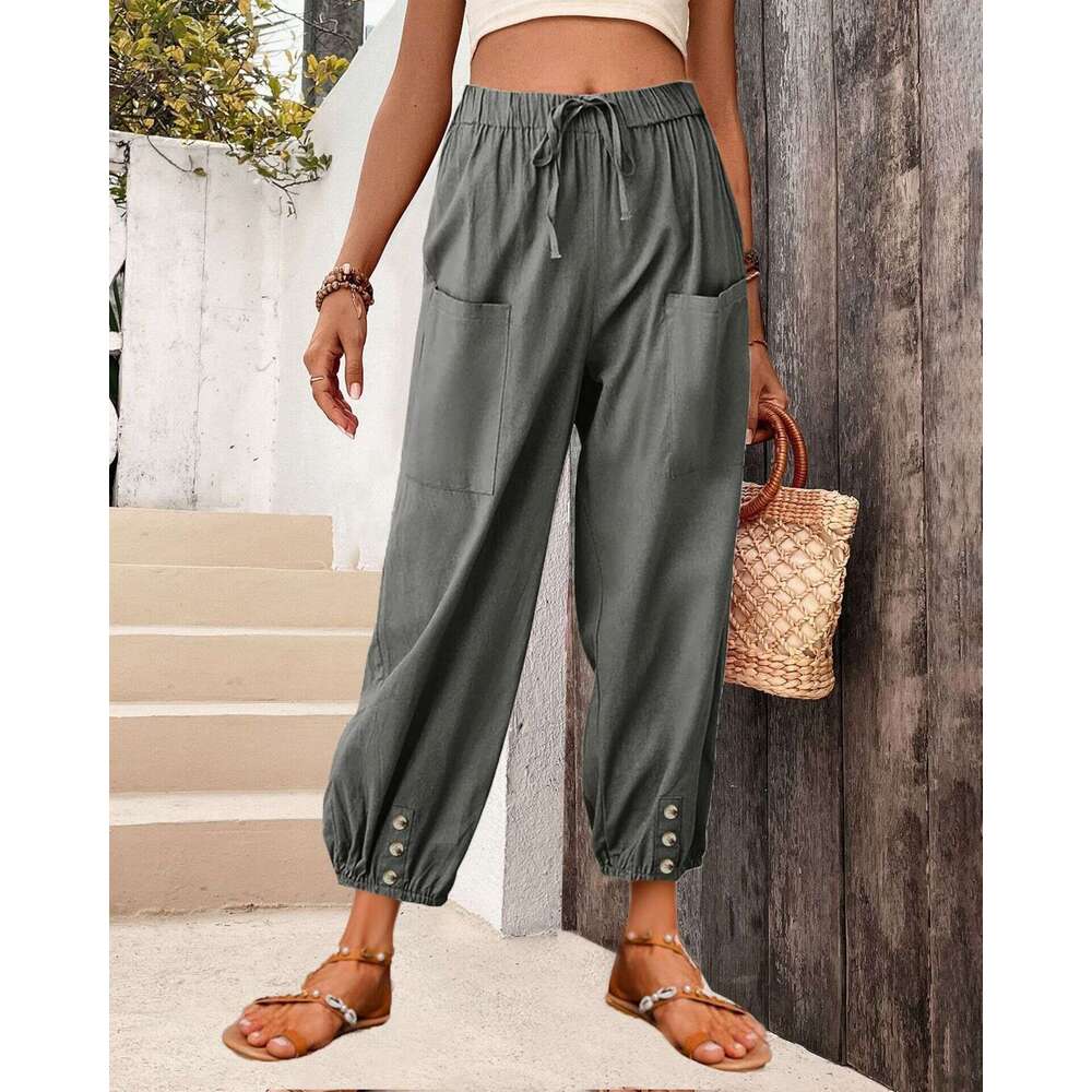 2024 Loose Fit High Waisted Buttoned Cotton and Linen Cropped Pants Wide Leg Womens Pants Straight Tube Waterproof Trousers Man Pants Trousers Cartoon