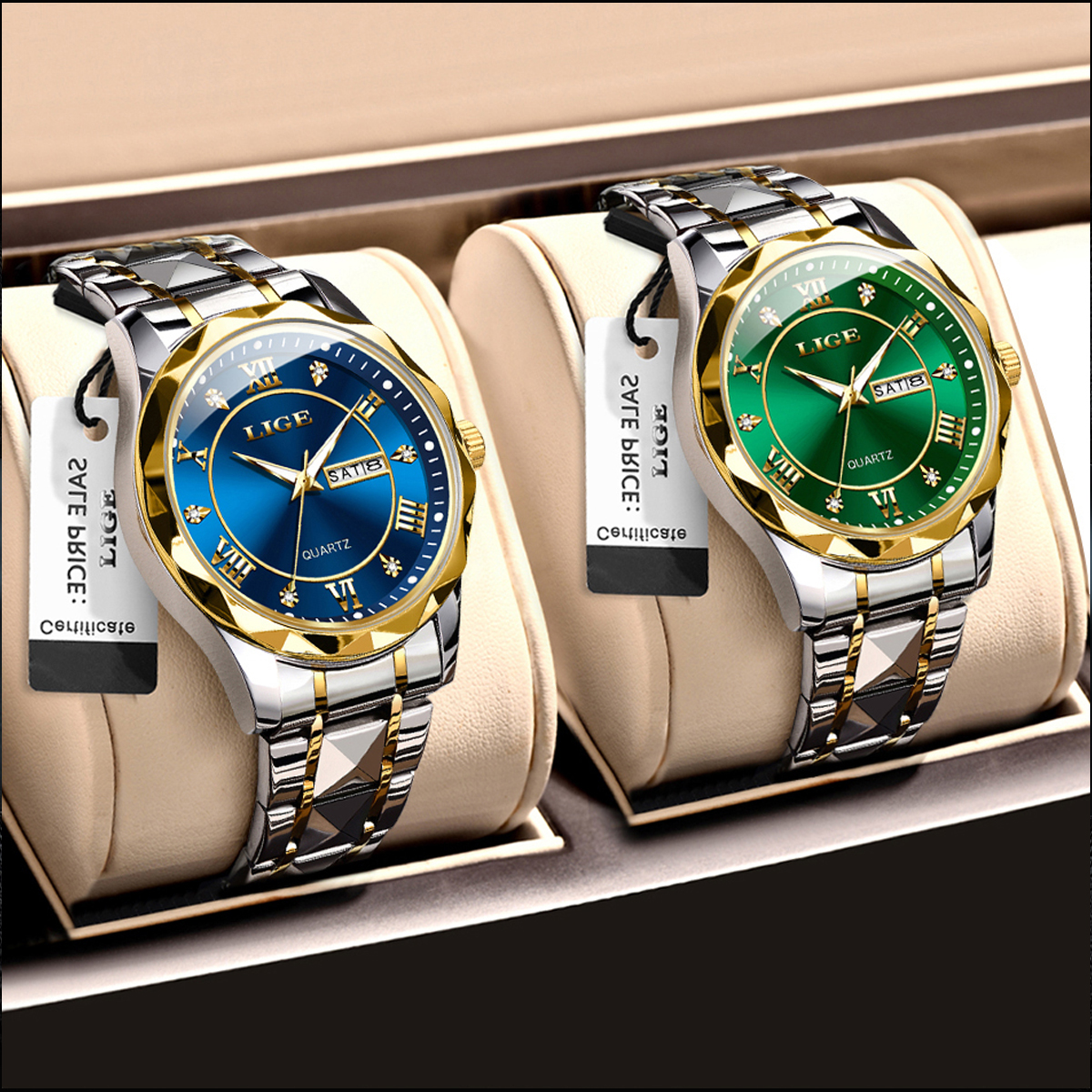 LIGE Men's Business Quartz Watch Premium Brand Watch Stainless Steel Diamond Strap Classic dial Men's waterproof watch Three pin calendar wa