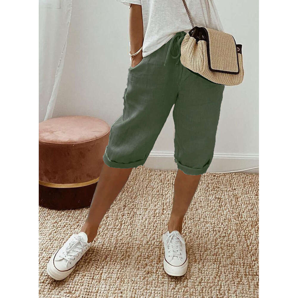 2024 Cotton and Hemp Pocket Elastic Casual Womens Pants 5/4 Nine Points Plaid Trousers Hip-hop Style Jeans for Pregnant Women Half Pants for Men