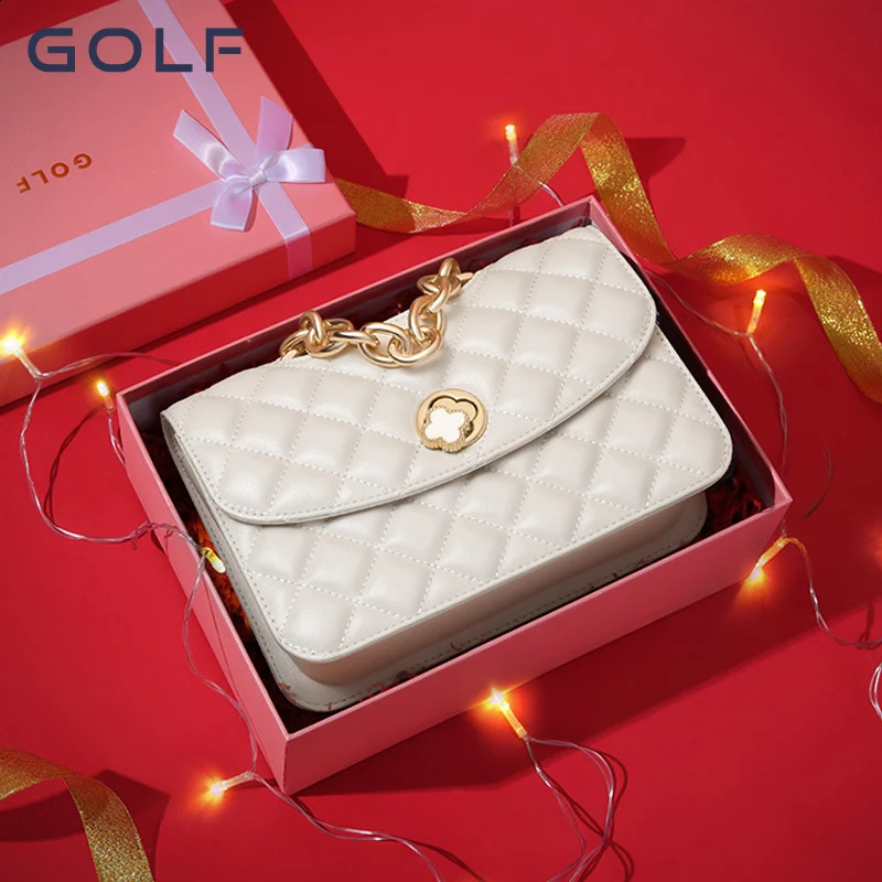 GOLF Bag AutumnWinter Womens Genuine Leather Versatile One Shoulder Diamond Grid Chain Diagonal Straddle 240802