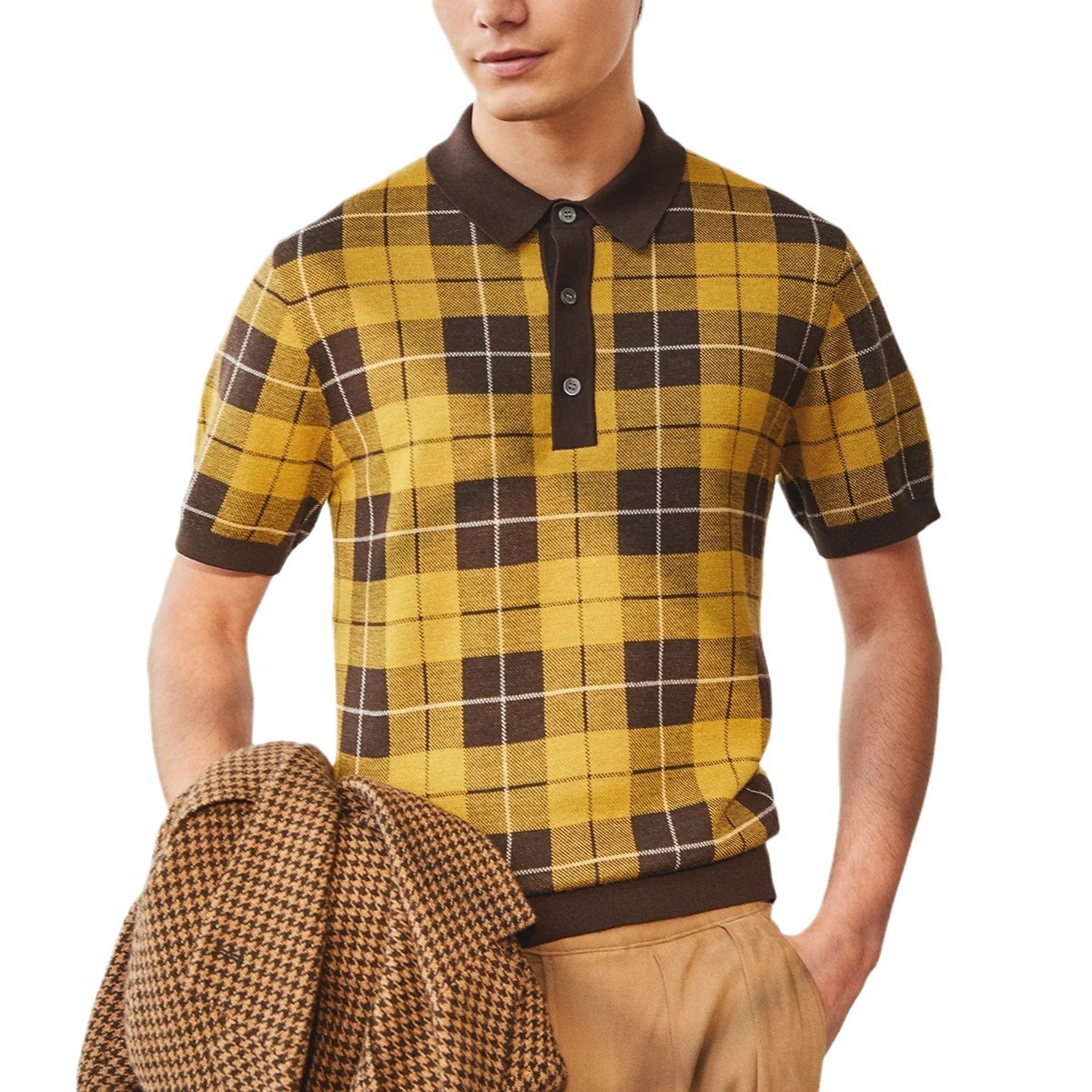 Men's checkered jacquard knitted polo shirt casual business top BK0048