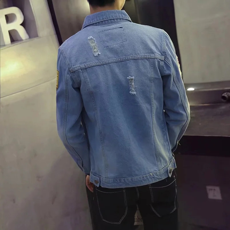 Tear open mens denim jacket ultrathin fashion badge jeans full matching streetwear spring 240824