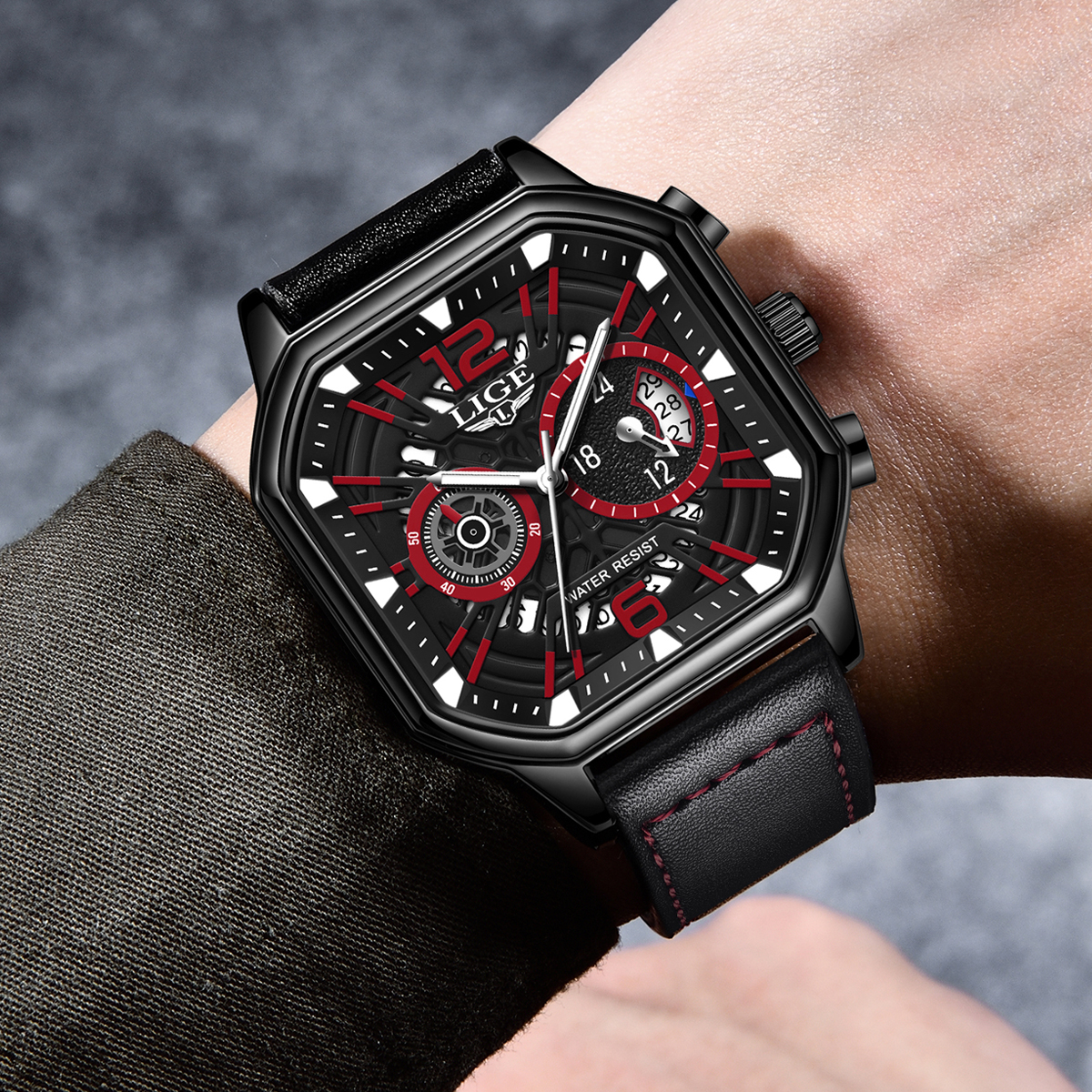 LIGE Men's Business Quartz watch Premium brand watch Premium leather strap Square dial Men's six-pin multi-function waterproof watch Holiday