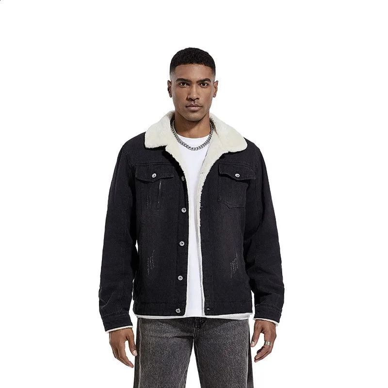 American casual retro mens denim jacket winter wool thick warm windproof fashion lapel 240824
