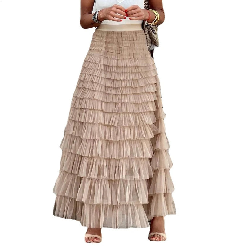 Casual Womens Solid Ball Gown Long Skirt Tulle High Waist Pleated Elegant Ladies Wild Mesh Dating Maxi Skirts Drop 240805