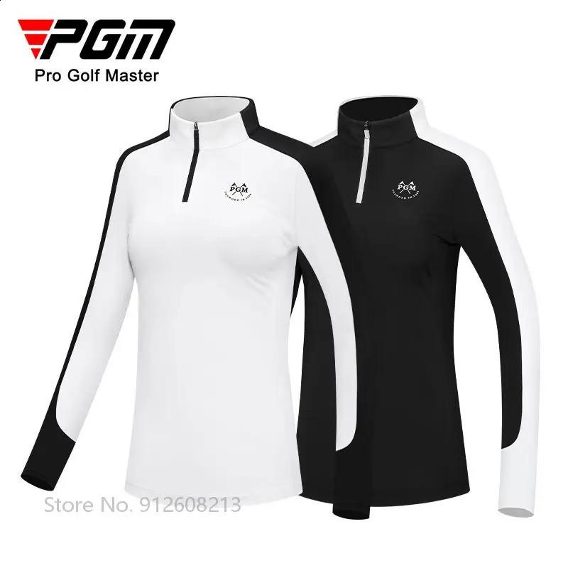 PGM Female Long-sleeved Patchwork Golf T-shirt Zipper Collar Golf Tops Elastic Warm Polo Shirts Women Slim Windproof Sportswear 240729