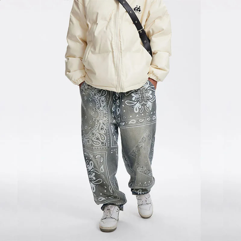 Paisley Printed Baggy Jeans Pants Men Hip Hop Vintage Streetwear Denim Trousers Blue 240805
