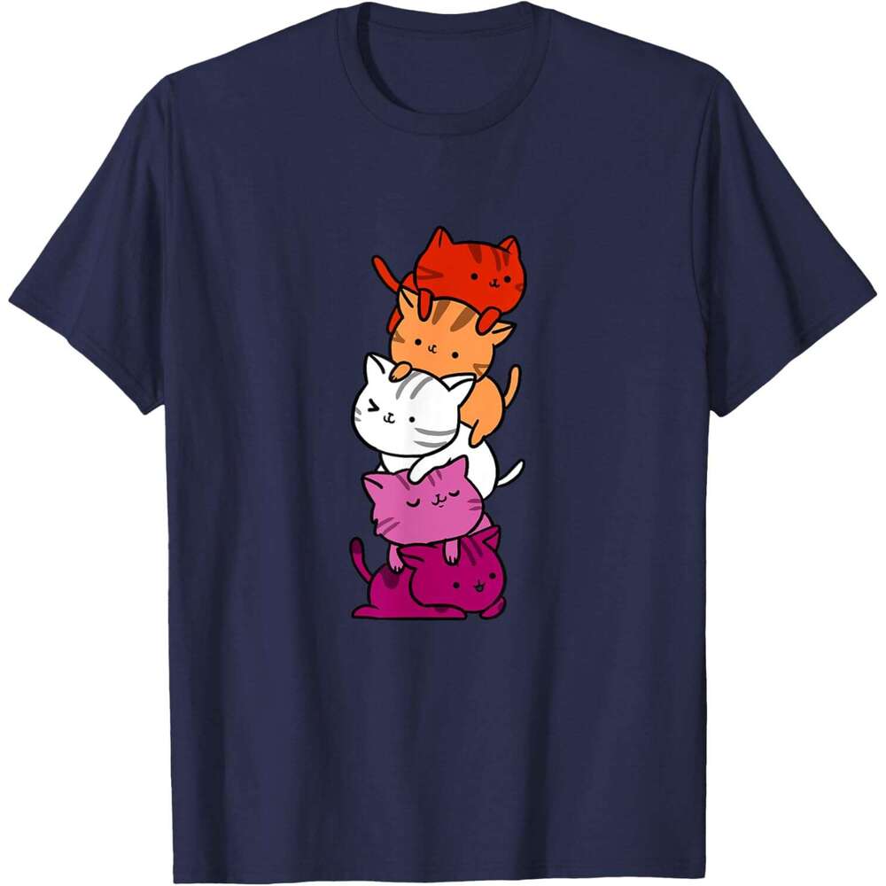 T shirt Mens Kawaii Cat Pile Orange Pink Lesbian Pride T-Shirt shirts tshirt graphic tee Casual tops summer clothes Short sleeve Free shipping