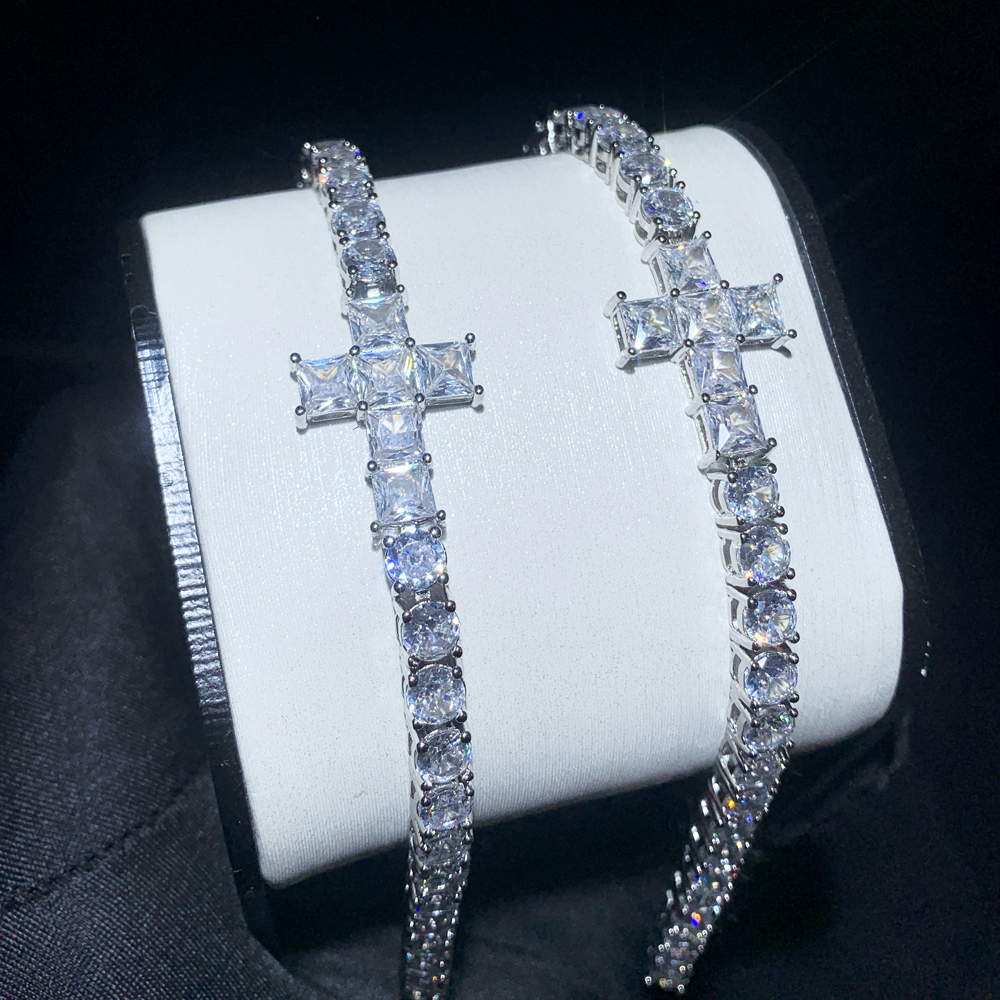 Mens Iced Out Bg Hip Hop Jewelry CZ Tennis Chain Cross Charm Bracelet Sparkg 5A Cubic Zirconia