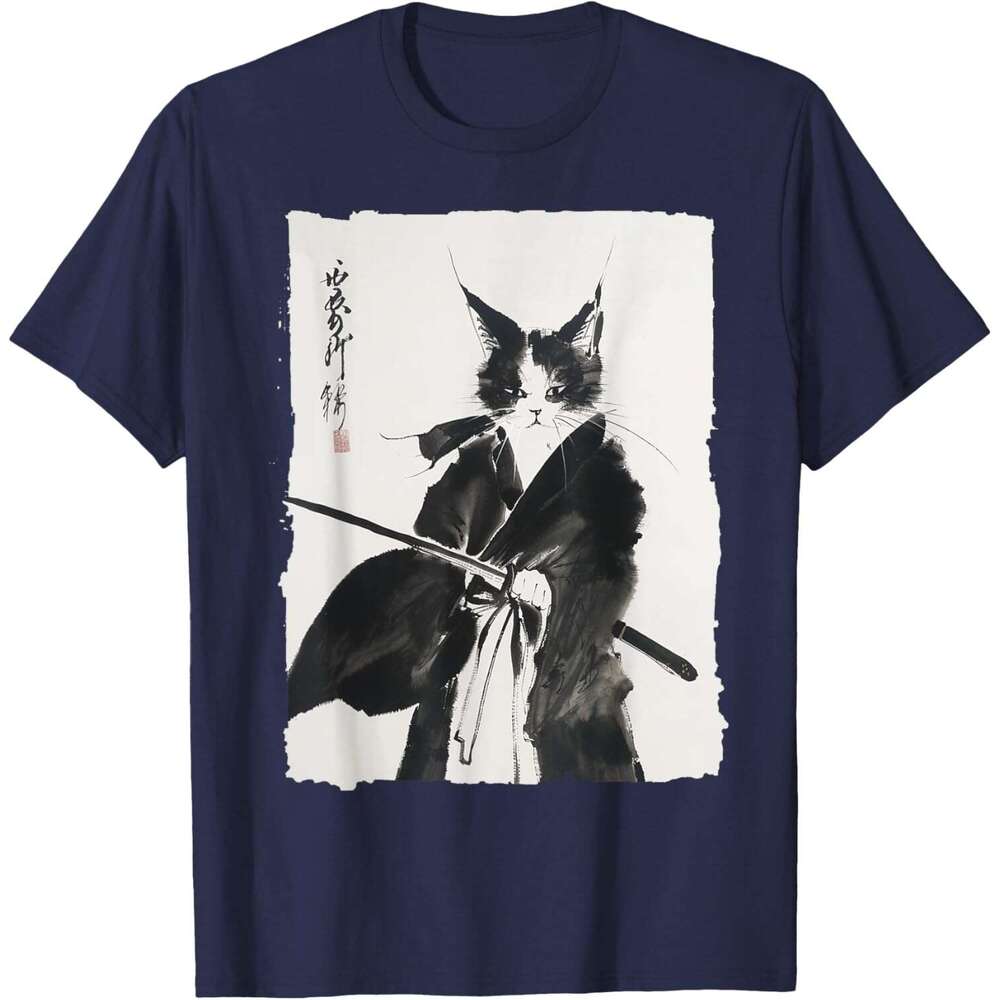 T shirt Mens Samurai Tee: Vintage Ukiyo-e Warrior Graphic Cat Art T-Shirt shirts tshirt graphic tee Casual tops summer clothes Short sleeve Free shipp