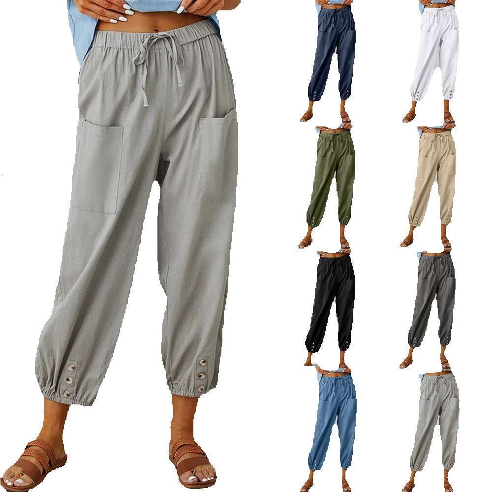 2024 New Loose High Waist Button Cotton Hemp Cropped Wide Leg Womens Pants Cotton Trousers Breathable Nine Points Sport Men Pants Cotton Gold Velvet P