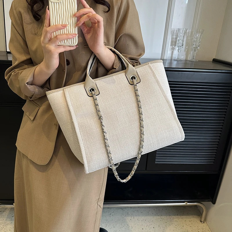 Fashion Simple Canvas Material Chain Bag Large Capacity Chain Zipper Womens Shoulder Bag Tote Bag For Commuter Shopping 240816