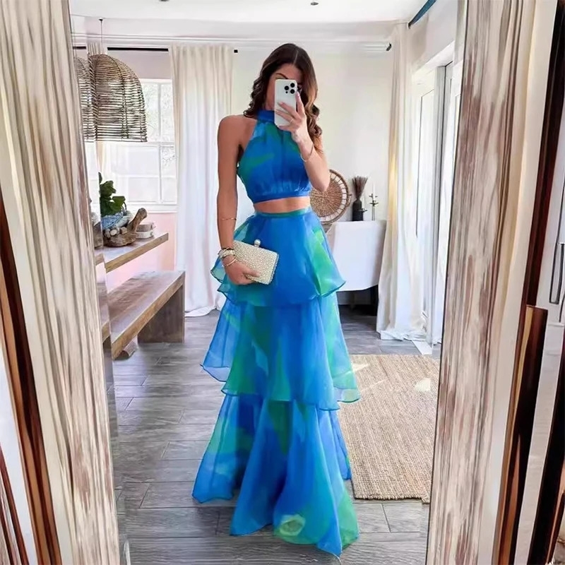 Elegant Layered Cake Party Outfits Fashion Printed Mesh Two Piece Set Summer Womens Halter Sleeveless Top with Long Skirt Suit 240717
