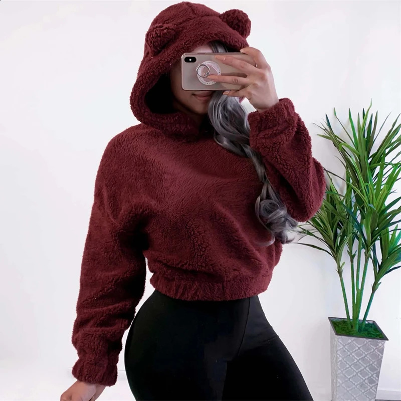 Winter Korean Fashion Bear Ears Cute Loose Hoodie Fluffy Hooded Warm Sweatshirt Long Sleeve Top Solid Pullover Clothes For Women 240813