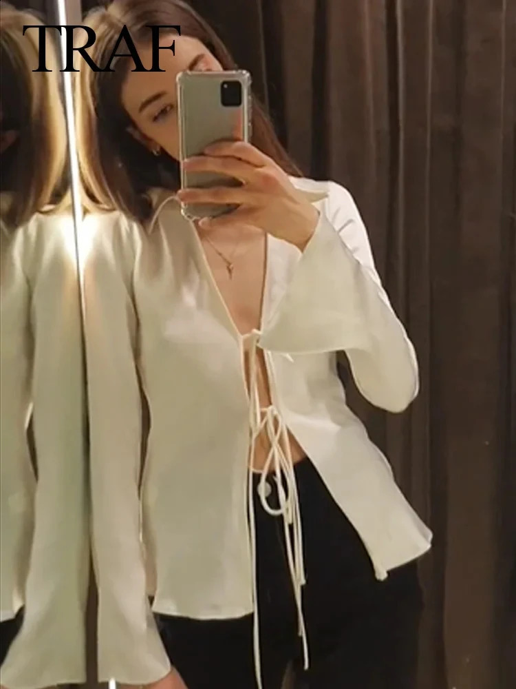 TRAF Fashion Woman Satin Silk Texture White Shirt Casual Loose Bow Embellished Long Sleeve Turn Down Collar Blouses 240805