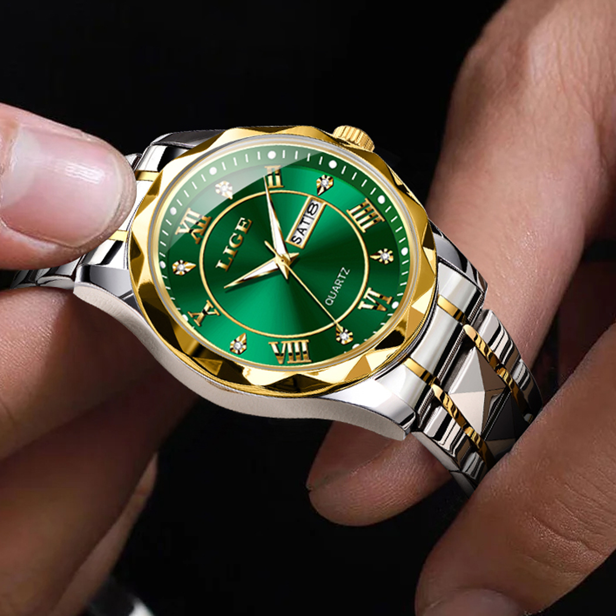 LIGE Men's Business Quartz Watch Premium Brand Watch Stainless Steel Diamond Strap Classic dial Men's waterproof watch Three pin calendar wa