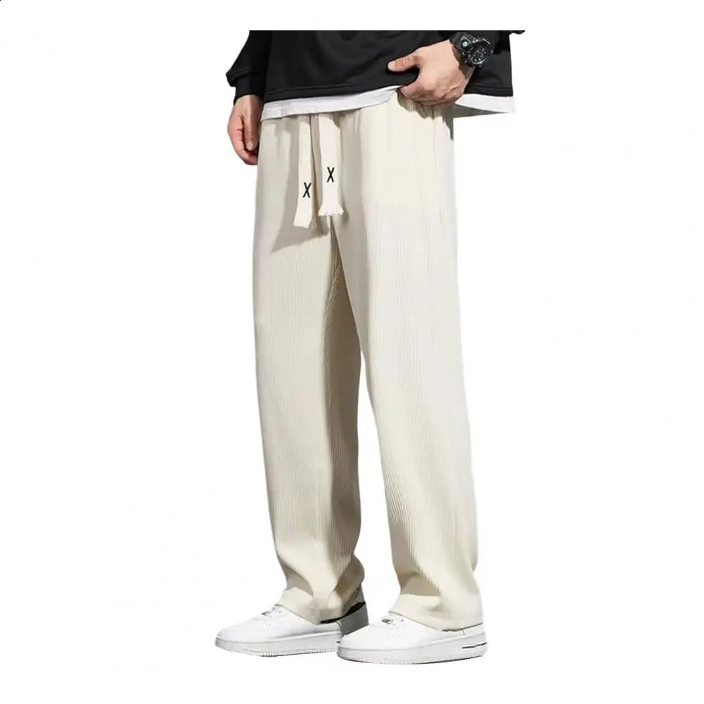 Casual sports pants mens casual pants solid color brushed elastic waist loose fit suitable for pants 240828