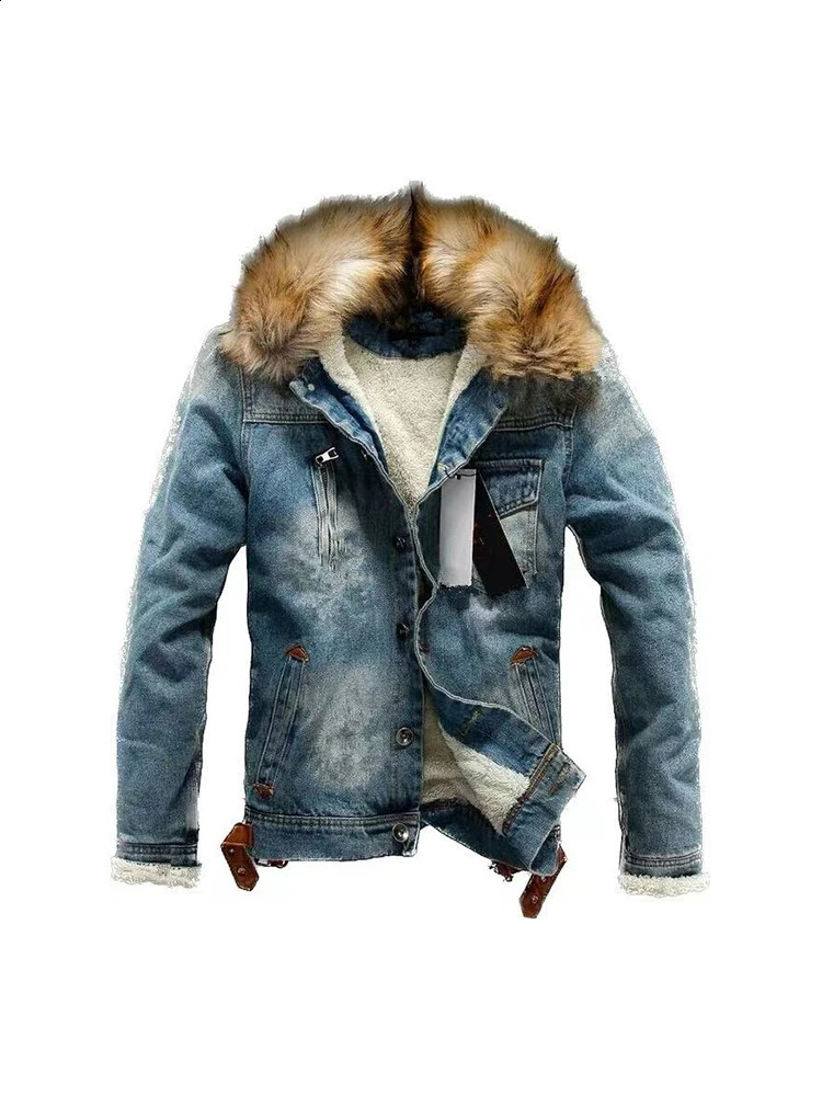 6XL winter thick warm mens denim Jakcet casual jacket wool retro oversized fur collar clothing 240824