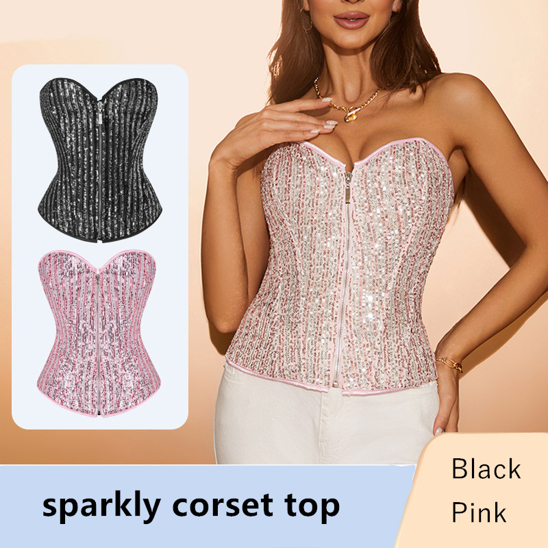 Women Striped Sequins Zip-up Overbust Corset Fashion Sequined Steampunk Plus Size Shapewear Fashion Showgirl Clubwear Shaper Pink Black