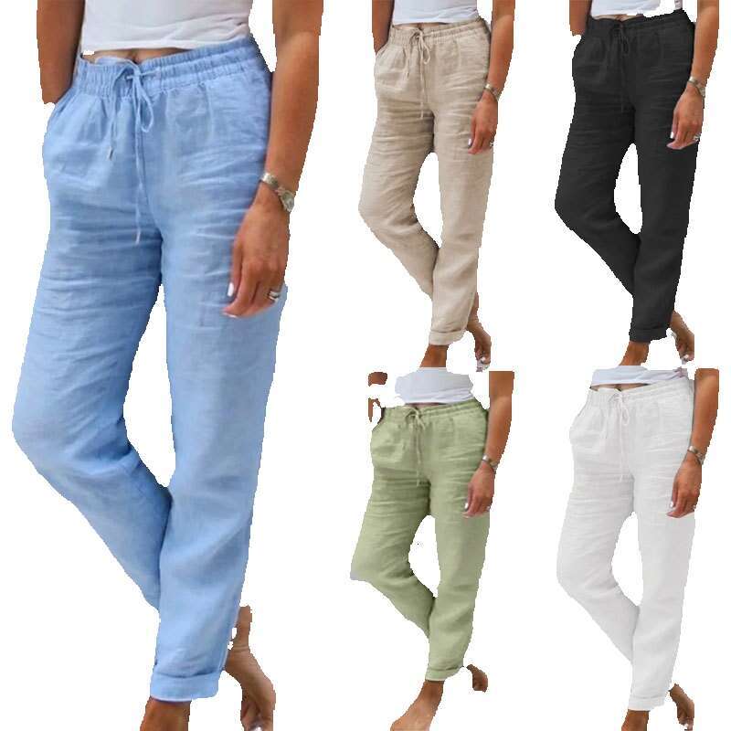2024 Summer Elastic Waist Solid Color Cotton Hemp Wide Leg Loose Pants Womens Wear Cotton Trousers Straight Tube Plaid Trousers Overalls Gold Velvet P