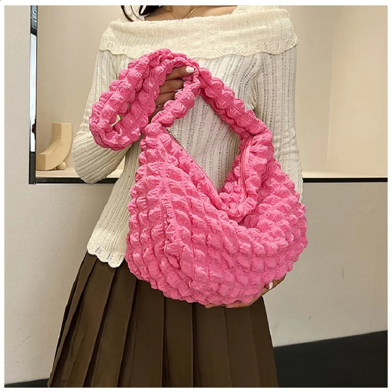 Plaid Quilted Shoulder Bag Cute Pleated Bubbles Large Capacity Underarm Embroidered Solid Color Crossbody Women 240802