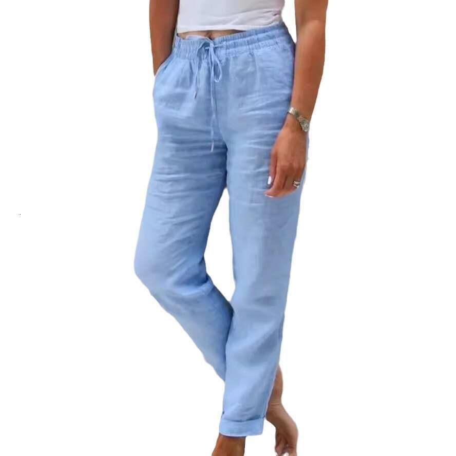 2024 Summer Elastic Waist Solid Color Cotton Hemp Wide Leg Loose Pants Womens Wear Cotton Trousers Straight Tube Plaid Trousers Overalls Gold Velvet P