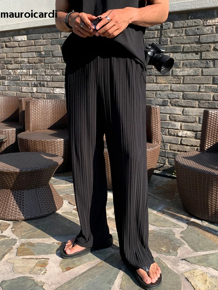 Mauroicardi Summer Black Thin Flowy Baggy Wide Leg Pants for Mens Streetwear Korean Clothing Fashion Loose Casual Soft Trousers 240805