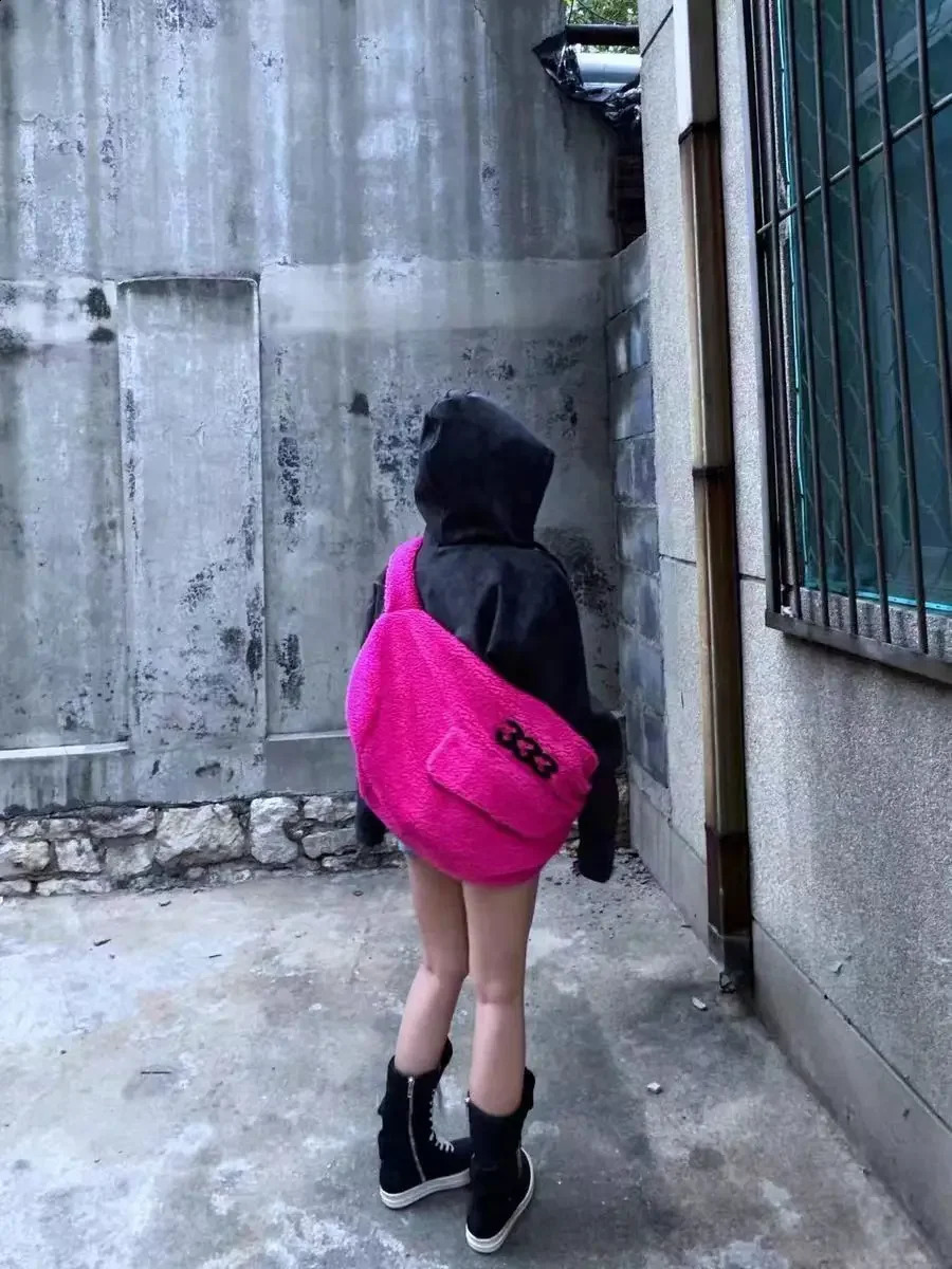 Fluffy Y2k Crossbody Bag for Women And Men Korean Fashion Shoulder Bags Unisex Cool Casual Travel Bag Black Backpack Winter 240805