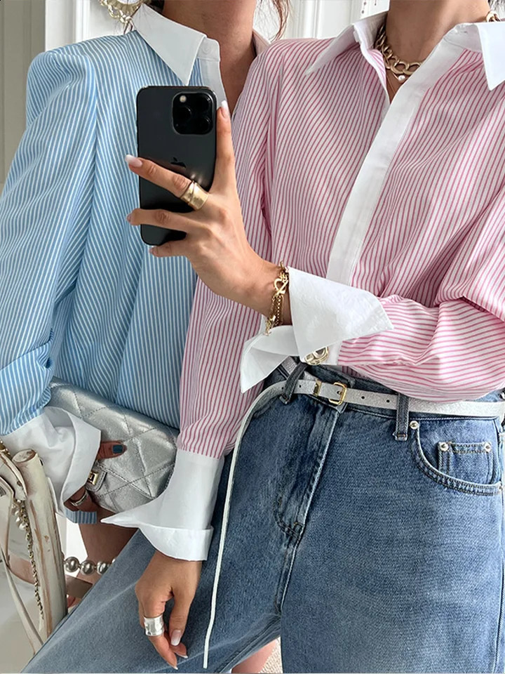 Womens Spring and Autumn Polo Collar Long sleeved Striped Shirt Elegant Office Commuting Fashion Top Pink Grey Blue 240805 - view 6