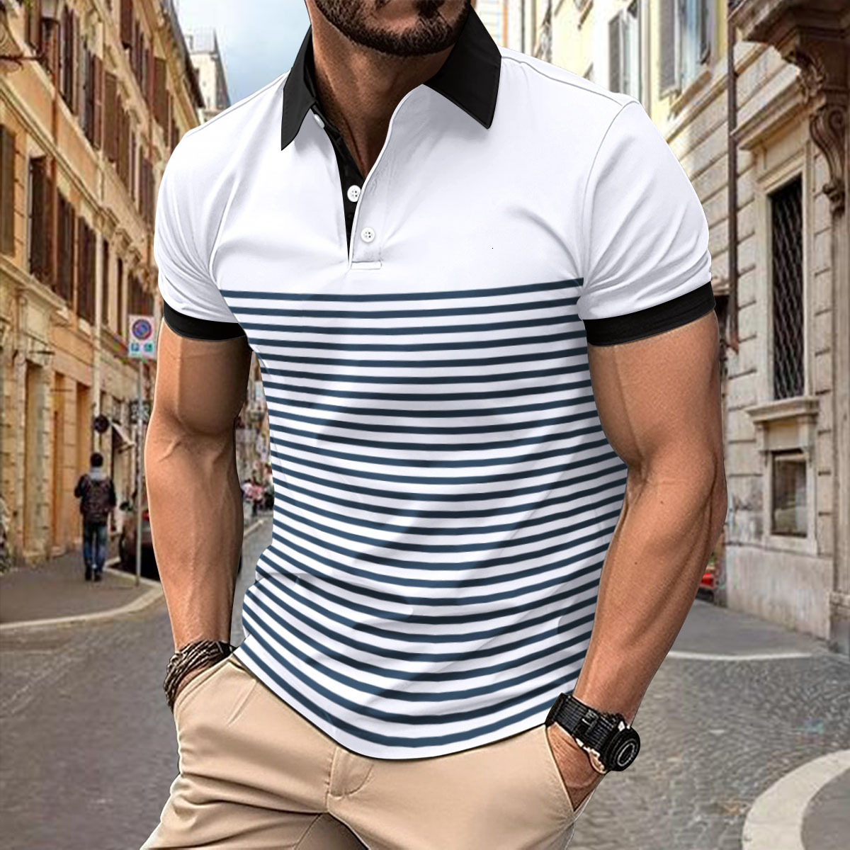 Fashion Polo Cedar Stripe Printed Casual V-neck Button Short Sleeve Men's Comfortable Shirt Top Summer