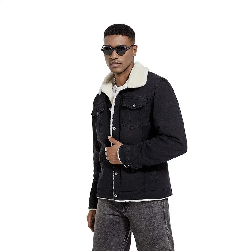 American casual retro mens denim jacket winter wool thick warm windproof fashion lapel 240824