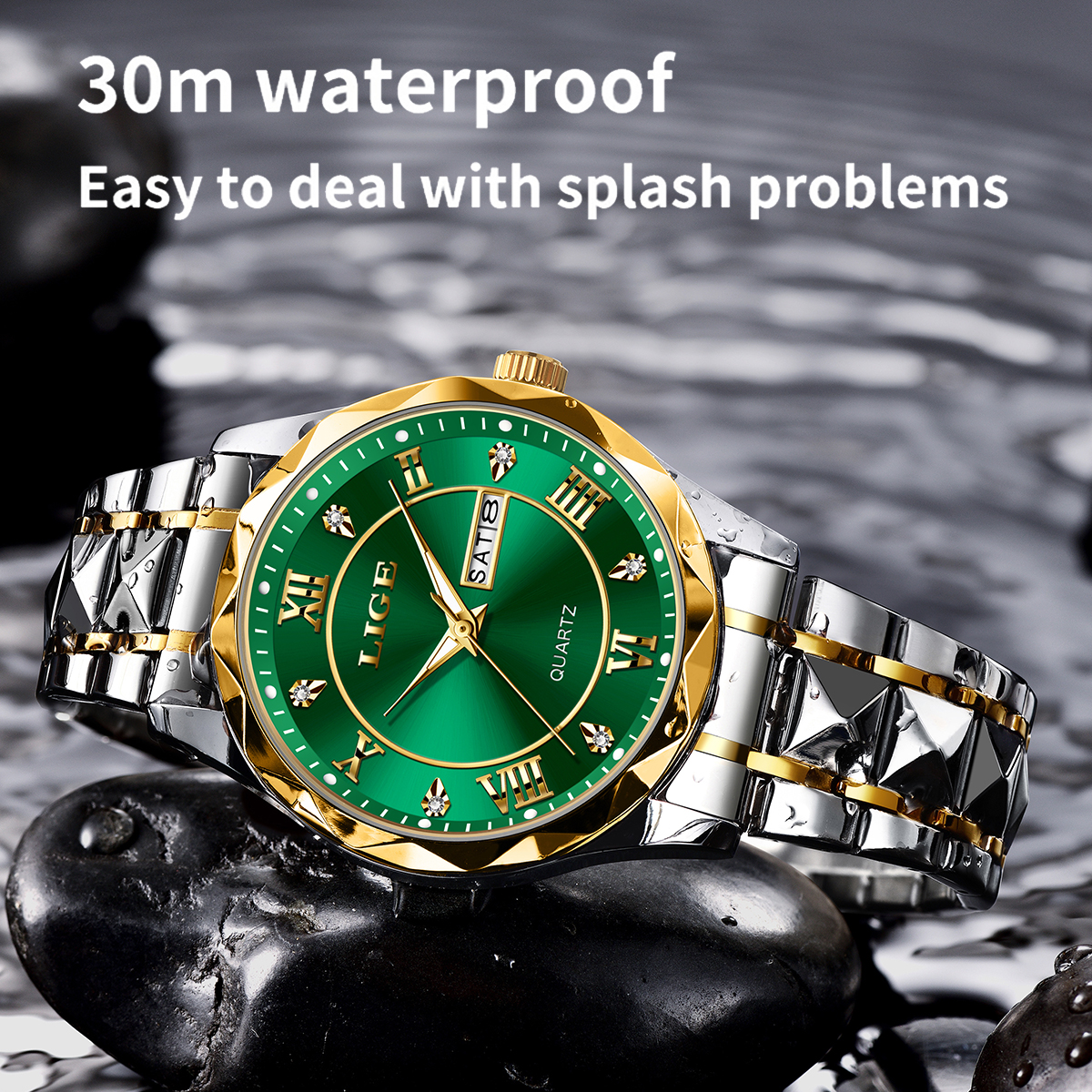 LIGE Men's Business Quartz Watch Premium Brand Watch Stainless Steel Diamond Strap Classic dial Men's waterproof watch Three pin calendar wa