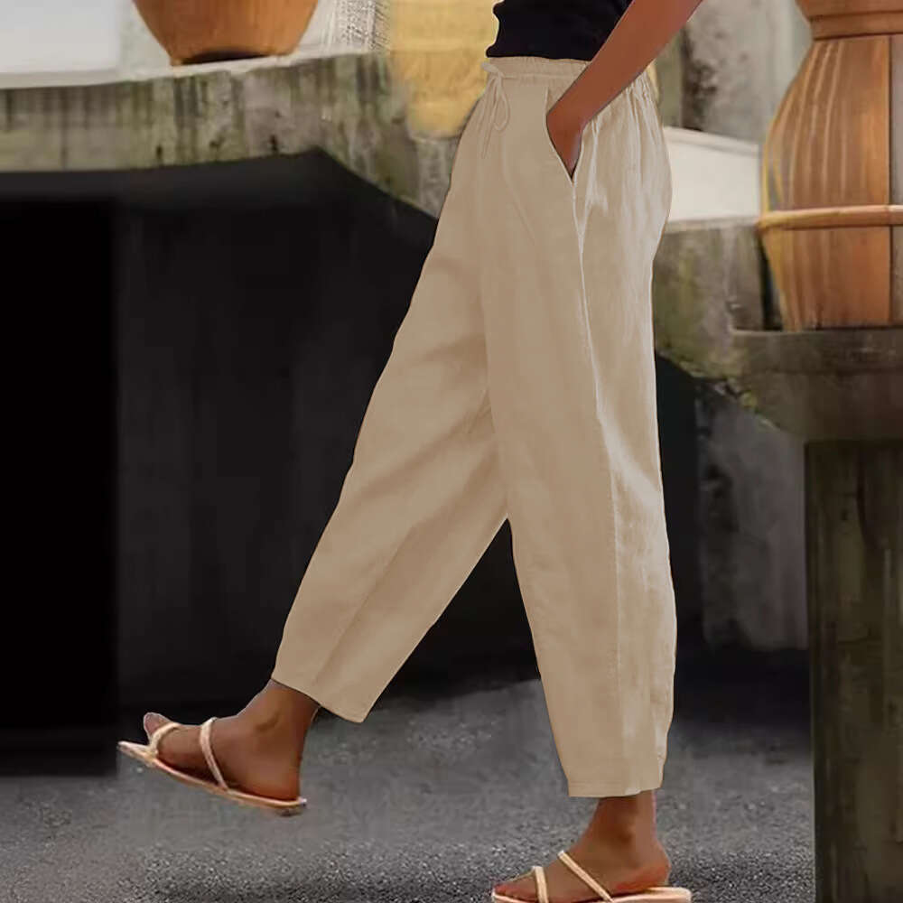Spring Autumn New Cotton and Hemp Solid Color Fashion Daily Side Bag Elastic Casual Womens Pants College Style and Sweat Pants Unisex Waterproof Trous