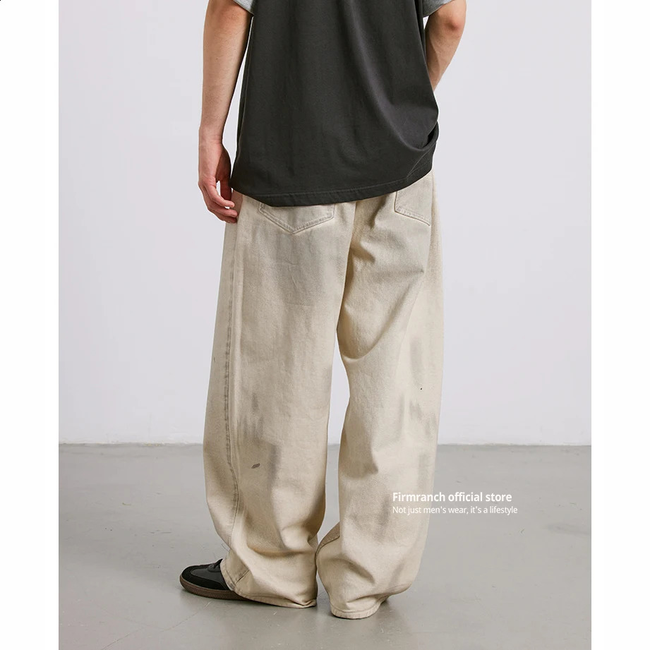 Firmranch Retro Make Old Dirty Baggy Jeans For Men Women Straight Wide Leg Casual Pants High Street Cotton Splash-ink Trousers 240805
