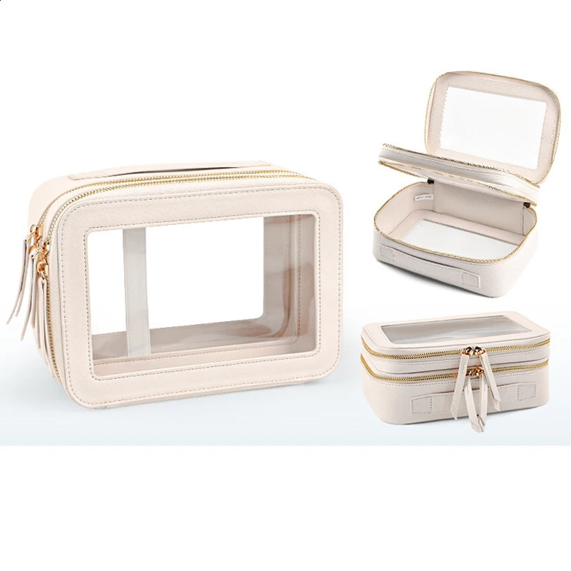 Double layer Saffiano leather makeup organizer toilet storage bag transparent PVC travel makeup bag 240805