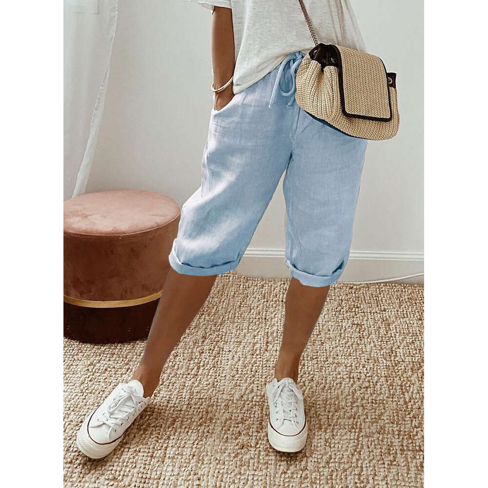 2024 Cotton and Hemp Pocket Elastic Casual Womens Pants 5/4 Nine Points Plaid Trousers Hip-hop Style Jeans for Pregnant Women Half Pants for Men