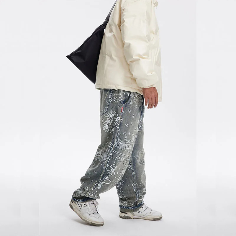 Paisley Printed Baggy Jeans Pants Men Hip Hop Vintage Streetwear Denim Trousers Blue 240805