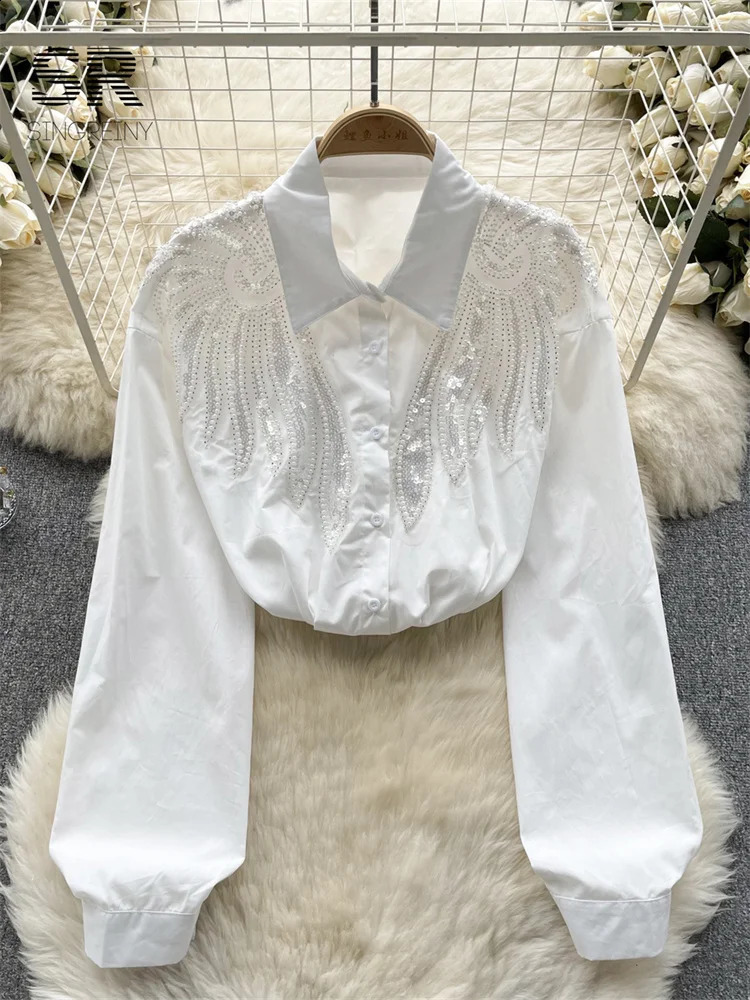SINGREINY Sequines Wing Chiffon Shirt Women Elegant Lapel Long Sleeve Beading Fashion 2024 Spring Lady Slim Casual Blouse 240805