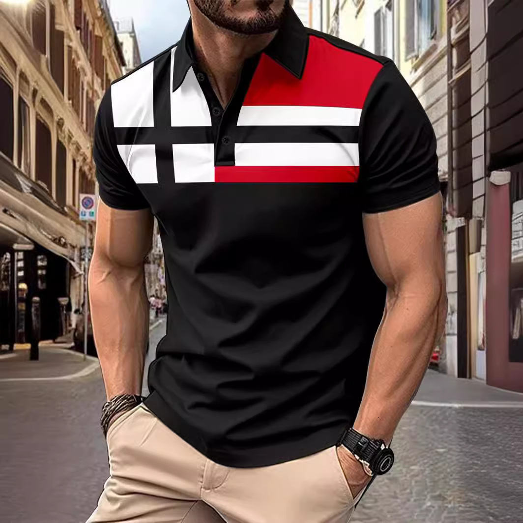 2024 short sleeved striped 3D printed Polo casual men's top