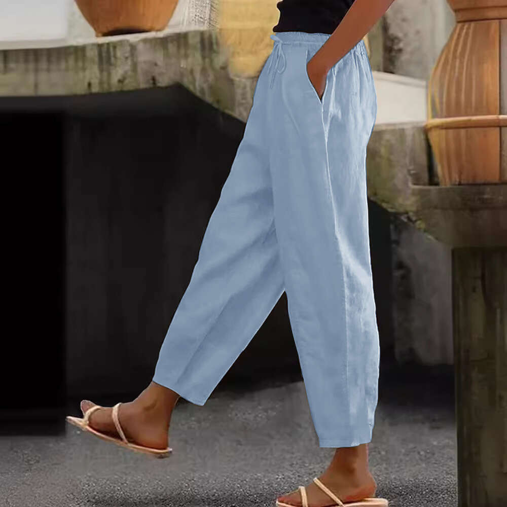Spring Autumn New Cotton and Hemp Solid Color Fashion Daily Side Bag Elastic Casual Womens Pants College Style and Sweat Pants Unisex Waterproof Trous