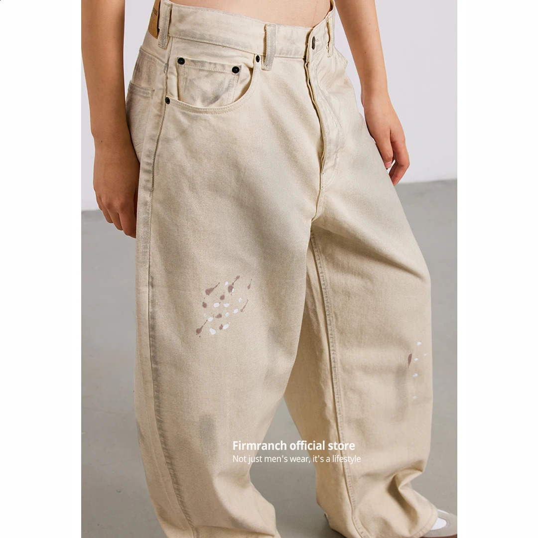 Firmranch Retro Make Old Dirty Baggy Jeans For Men Women Straight Wide Leg Casual Pants High Street Cotton Splash-ink Trousers 240805