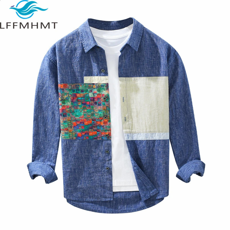 2411 Mens Spring Retro Shirt with Chinese Retro Style Printed Creative Patchwork Long Sleeve Premium Selection 100% Linen Shirt240802